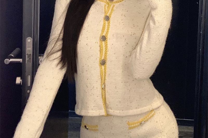 Scoop Neck Contrast Trim Cami Top / High Waist Mini Pencil Skirt / Contrast Trim Button Cardigan