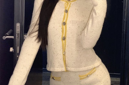 Scoop Neck Contrast Trim Cami Top / High Waist Mini Pencil Skirt / Contrast Trim Button Cardigan