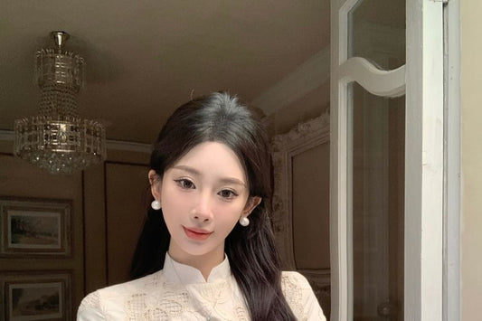 Short-Sleeve Stand Collar Lace Midi Sheath Qipao Dress