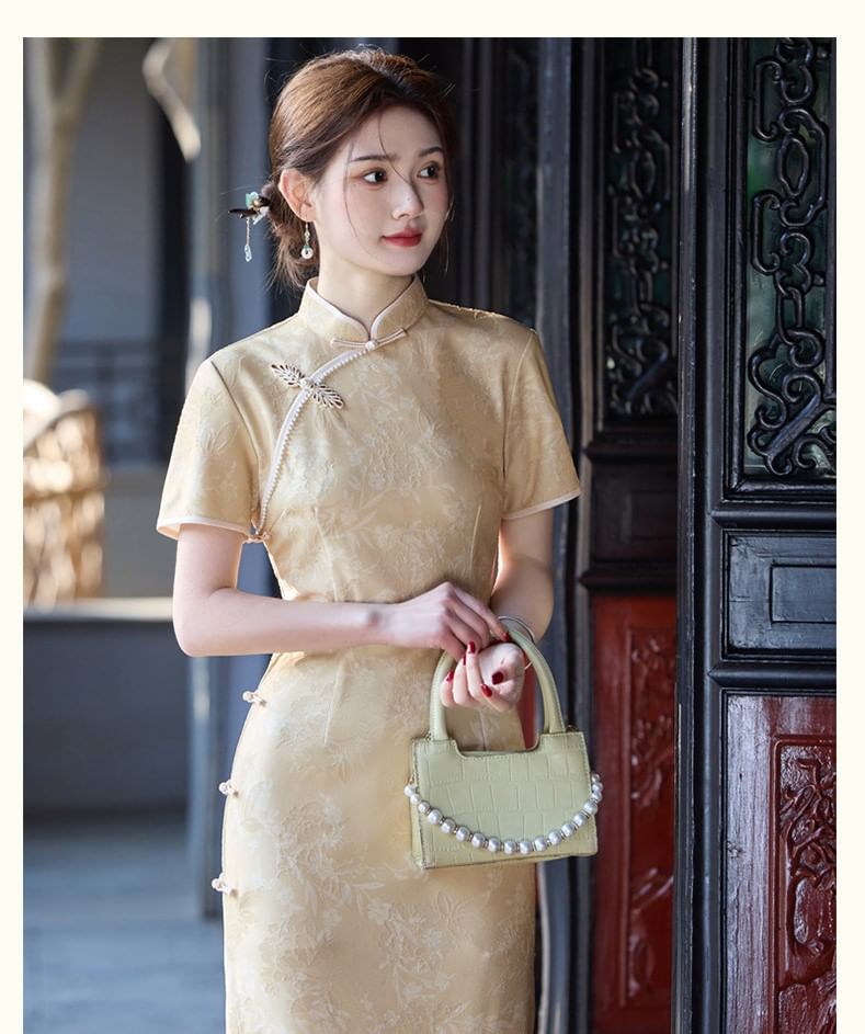 Short-Sleeve Stand Collar Satin Maxi Qipao Dress