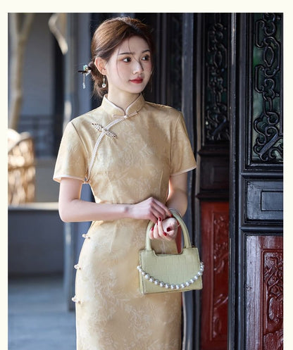 Short-Sleeve Stand Collar Satin Maxi Qipao Dress