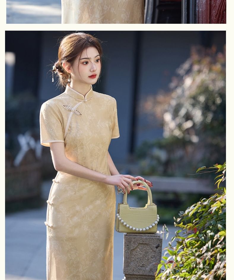 Short-Sleeve Stand Collar Satin Maxi Qipao Dress