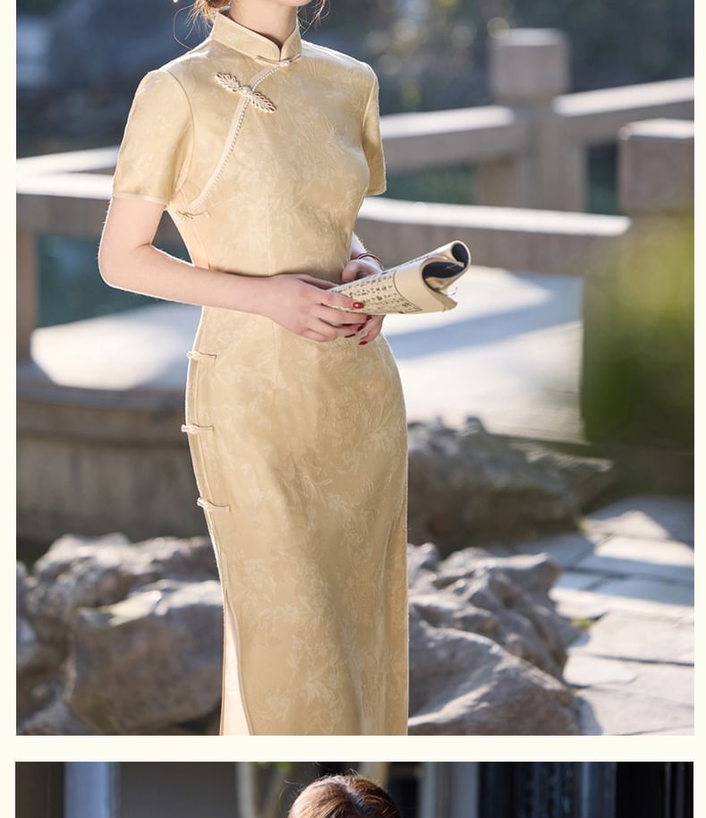 Short-Sleeve Stand Collar Satin Maxi Qipao Dress