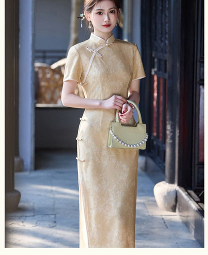 Short-Sleeve Stand Collar Satin Maxi Qipao Dress