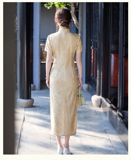 Short-Sleeve Stand Collar Satin Maxi Qipao Dress