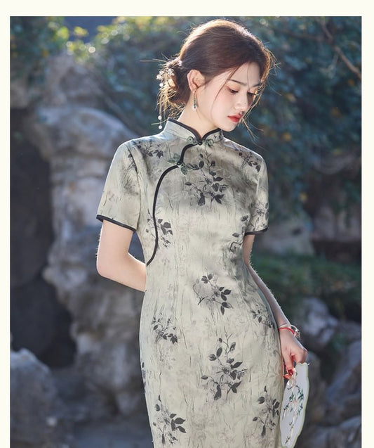 Short-Sleeve Floral Print Maxi Qipao Dress