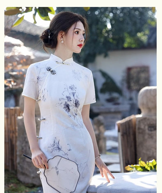 Short-Sleeve Stand Collar Floral Print Midi Qipao Dress