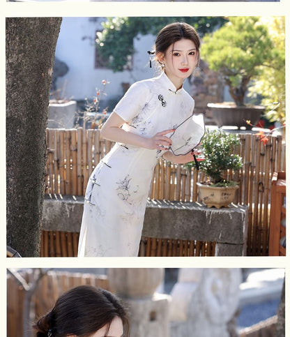 Short-Sleeve Stand Collar Floral Print Midi Qipao Dress