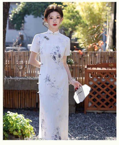 Short-Sleeve Stand Collar Floral Print Midi Qipao Dress