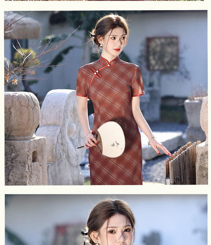 Short-Sleeve Stand Collar Plaid Maxi Qipao Dress