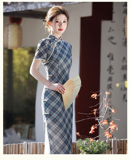 Short-Sleeve Stand Collar Plaid Maxi Qipao Dress