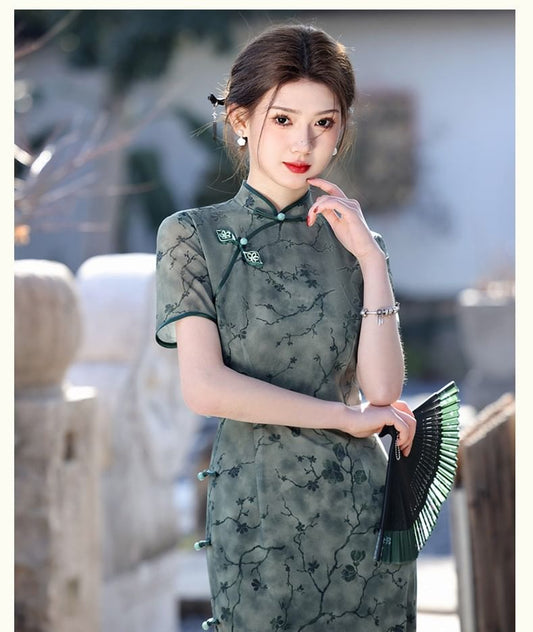 Short-Sleeve Stand Collar Print Mesh Maxi Qipao Dress