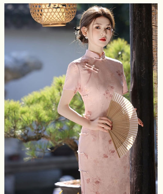 Short-Sleeve Stand Collar Frog Buttoned Maxi Qipao Dress