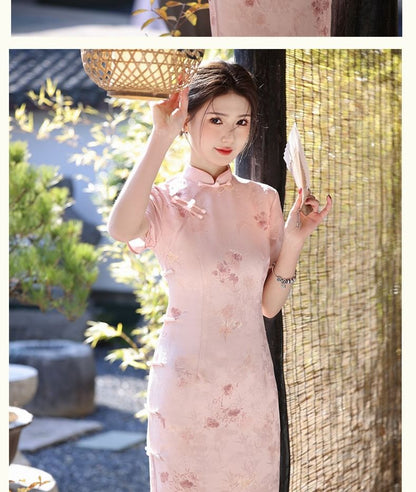 Short-Sleeve Stand Collar Frog Buttoned Maxi Qipao Dress