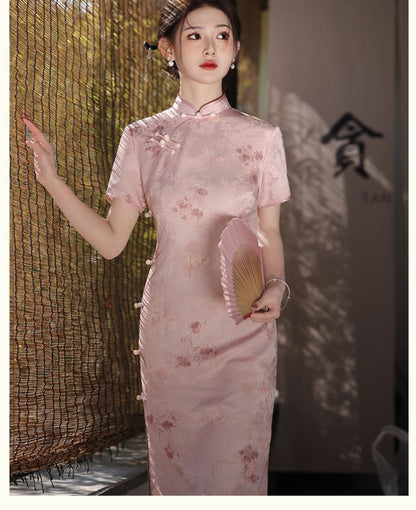 Short-Sleeve Stand Collar Frog Buttoned Maxi Qipao Dress