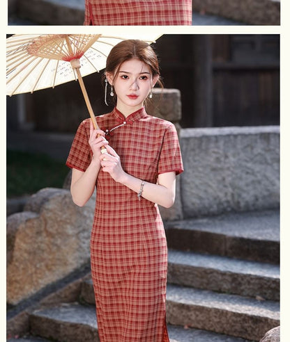 Short-Sleeve Stand Collar Plaid Midi Qipao Dress