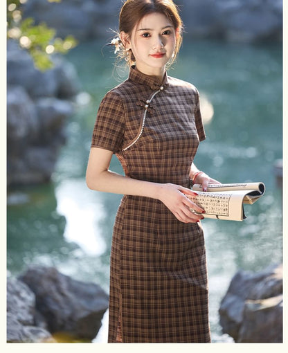 Short-Sleeve Stand Collar Plaid Midi Qipao Dress