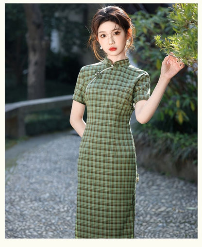 Short-Sleeve Stand Collar Plaid Midi Qipao Dress