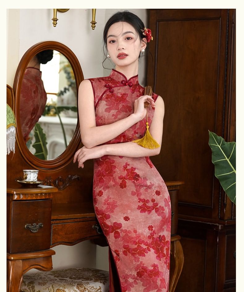Sleeveless Stand Collar Lace Midi Qipao Dress