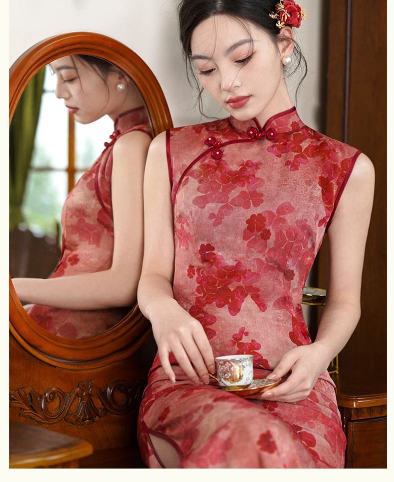 Sleeveless Stand Collar Lace Midi Qipao Dress