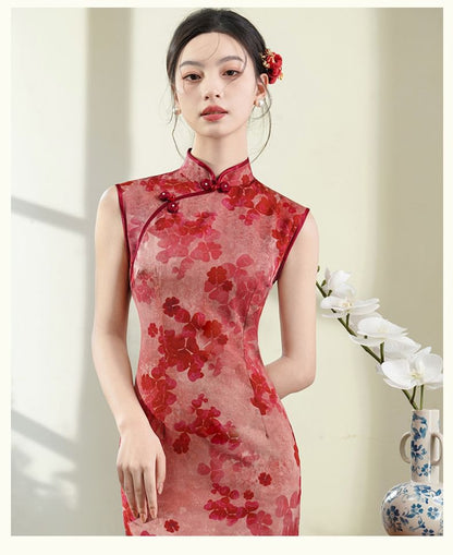Sleeveless Stand Collar Lace Midi Qipao Dress