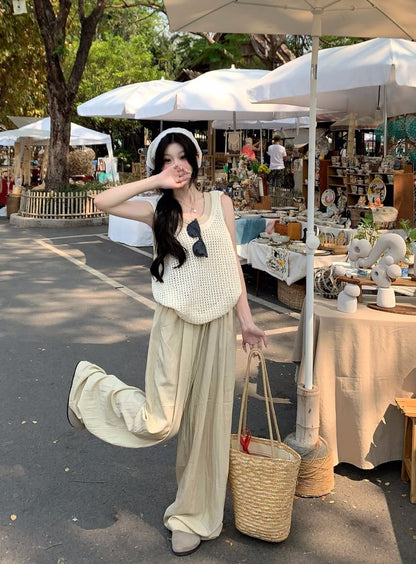 Sleeveless Scoop Neck Plain Knit Top / High Waist Plain Wide Leg Pants / Scoop Neck Plain Tank Top