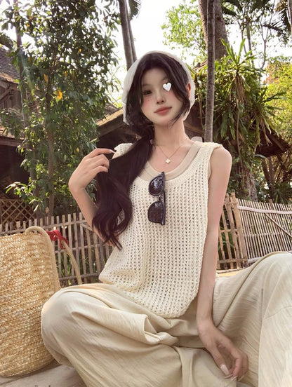 Sleeveless Scoop Neck Plain Knit Top / High Waist Plain Wide Leg Pants / Scoop Neck Plain Tank Top