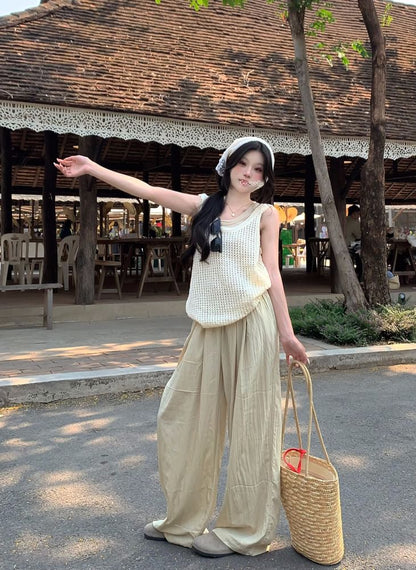 Sleeveless Scoop Neck Plain Knit Top / High Waist Plain Wide Leg Pants / Scoop Neck Plain Tank Top