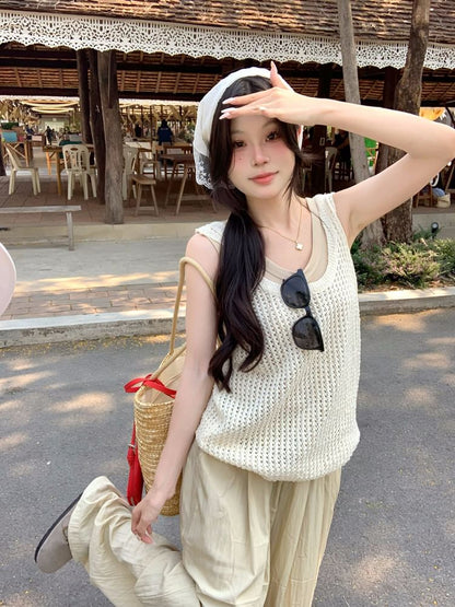 Sleeveless Scoop Neck Plain Knit Top / High Waist Plain Wide Leg Pants / Scoop Neck Plain Tank Top