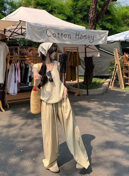 Sleeveless Scoop Neck Plain Knit Top / High Waist Plain Wide Leg Pants / Scoop Neck Plain Tank Top