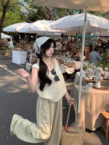 Sleeveless Scoop Neck Plain Knit Top / High Waist Plain Wide Leg Pants / Scoop Neck Plain Tank Top