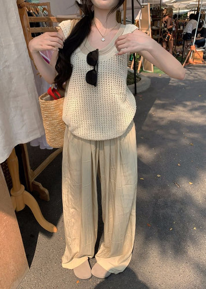 Sleeveless Scoop Neck Plain Knit Top / High Waist Plain Wide Leg Pants / Scoop Neck Plain Tank Top