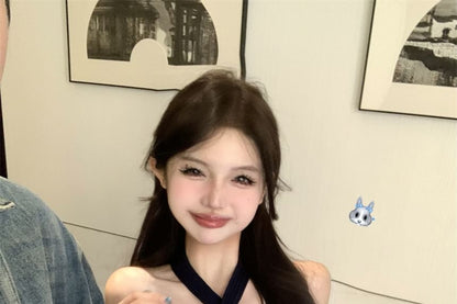 Halter Neck Plain Crop Ribbed Knit Camisole Top