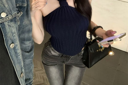 Halter Neck Plain Crop Ribbed Knit Camisole Top