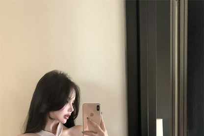 Halter Neck Plain Crop Ribbed Knit Camisole Top