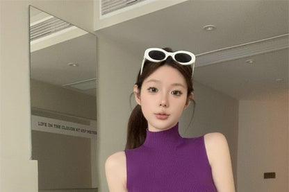 Sleeveless Mock Neck Plain Ribbed Knit Crop Top