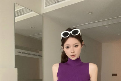 Sleeveless Mock Neck Plain Ribbed Knit Crop Top
