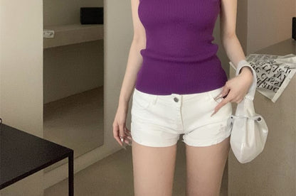 Sleeveless Mock Neck Plain Ribbed Knit Crop Top