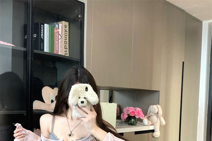 Spaghetti Strap Scoop Neck Plain Lace Trim Mini Bodycon Dress / Long-Sleeve Scoop Neck Bow Knit Top