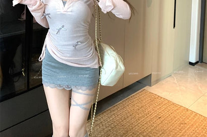 Spaghetti Strap Scoop Neck Plain Lace Trim Mini Bodycon Dress / Long-Sleeve Scoop Neck Bow Knit Top