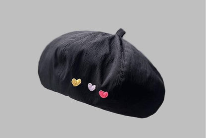 Heart Embroidered Beret Hat