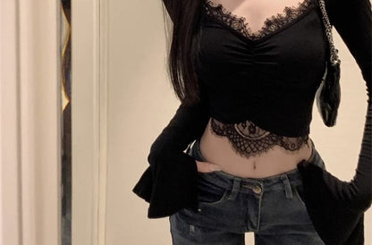 Panel Lace V-Neck Long Sleeve Crop Top