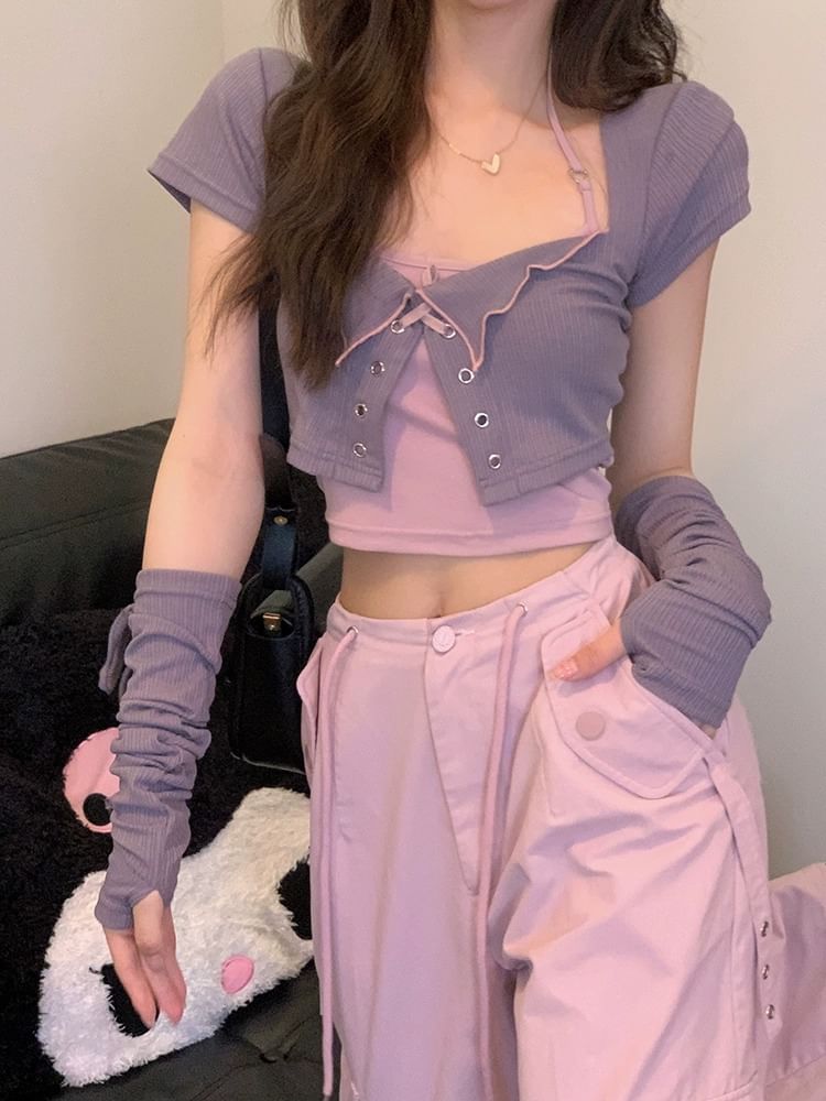 Lace-Up Crop Top & Cami & Arm Sleeves Set
