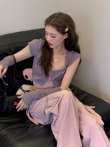 Lace-Up Crop Top & Cami & Arm Sleeves Set