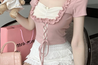 Frill Trim Square Neck Lace-Up Top