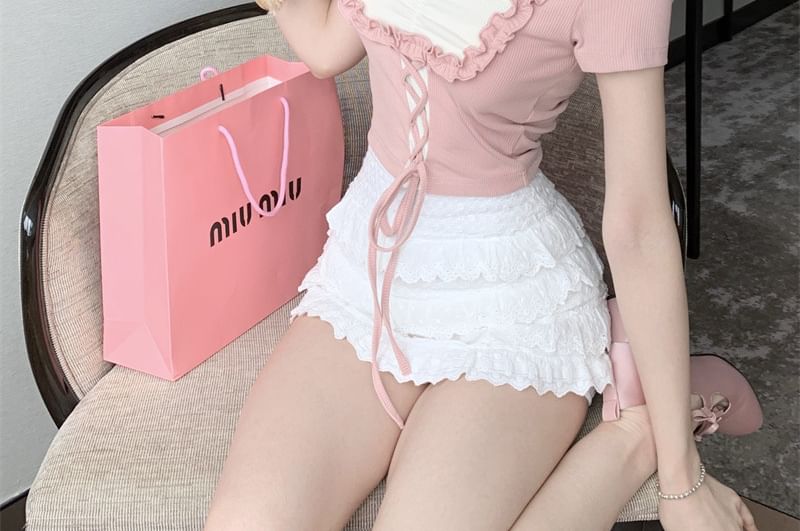 Frill Trim Square Neck Lace-Up Top