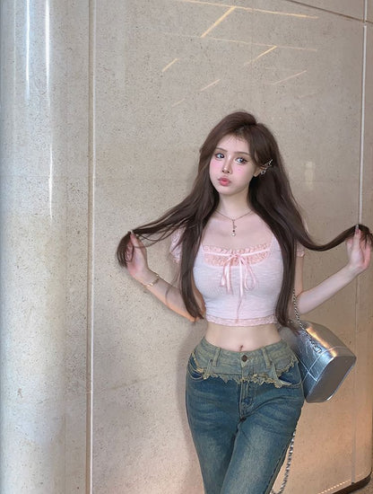 Lace Trim Square Neck Crop Top