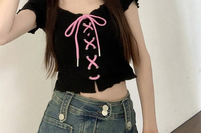 Lace-Up V-Neck Crop Top