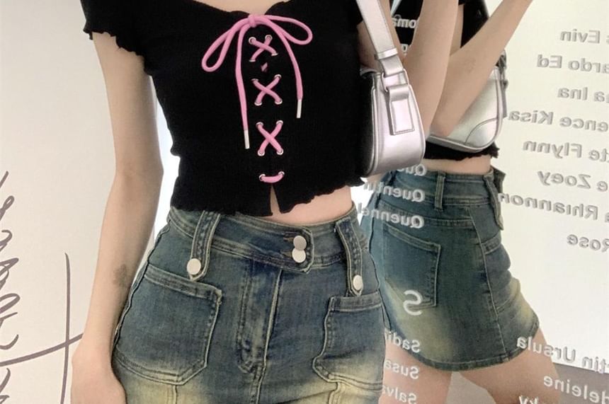 Lace-Up V-Neck Crop Top