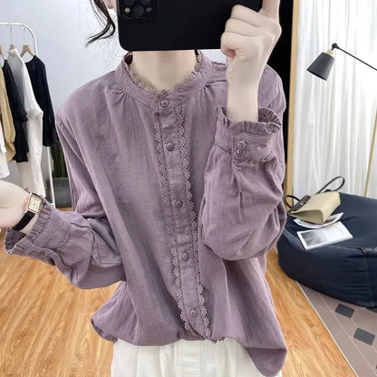 Band Collar Lace Blouse - Long Sleeve Button Front